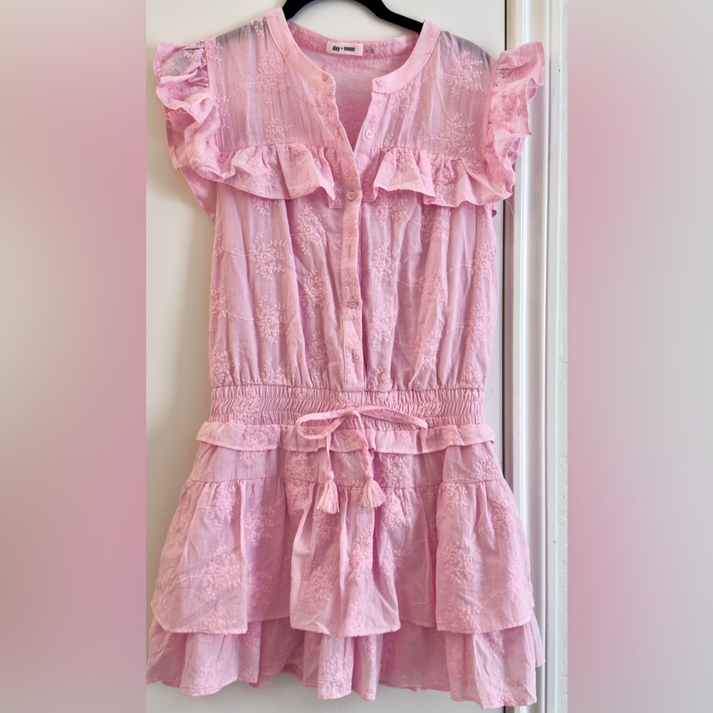 Ruffled Pink Tie-Waist Cotton Dress